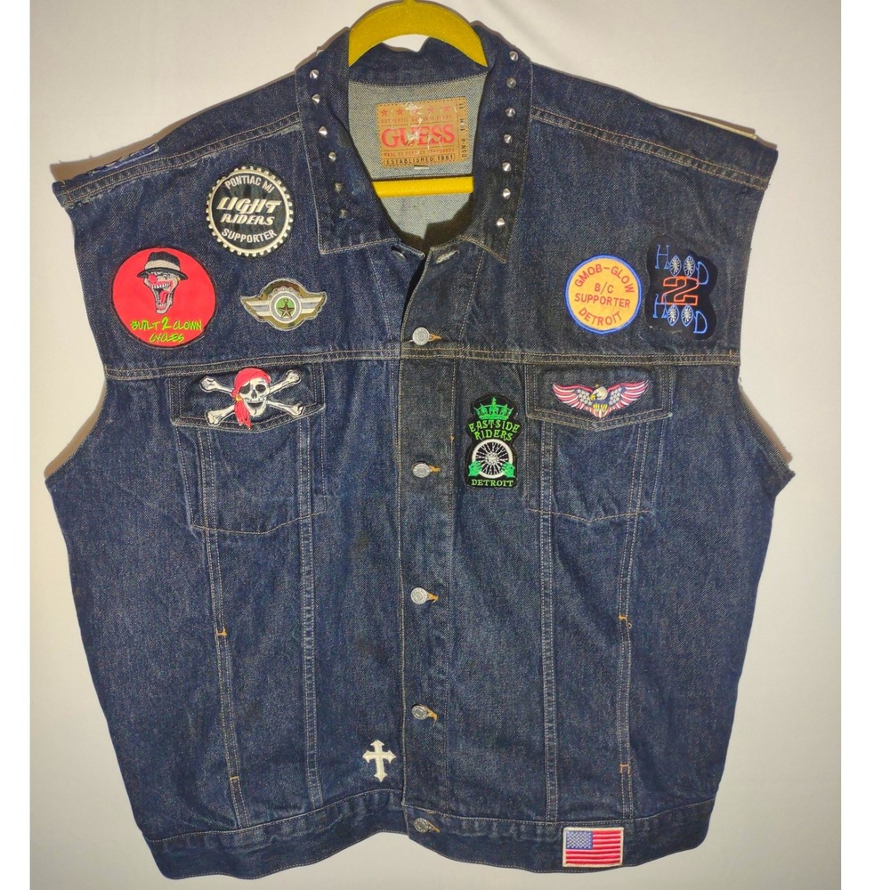 Vintage Guess Denim Biker Vest Mens XXXXL Blue Patched Studded USA‎ 10807X